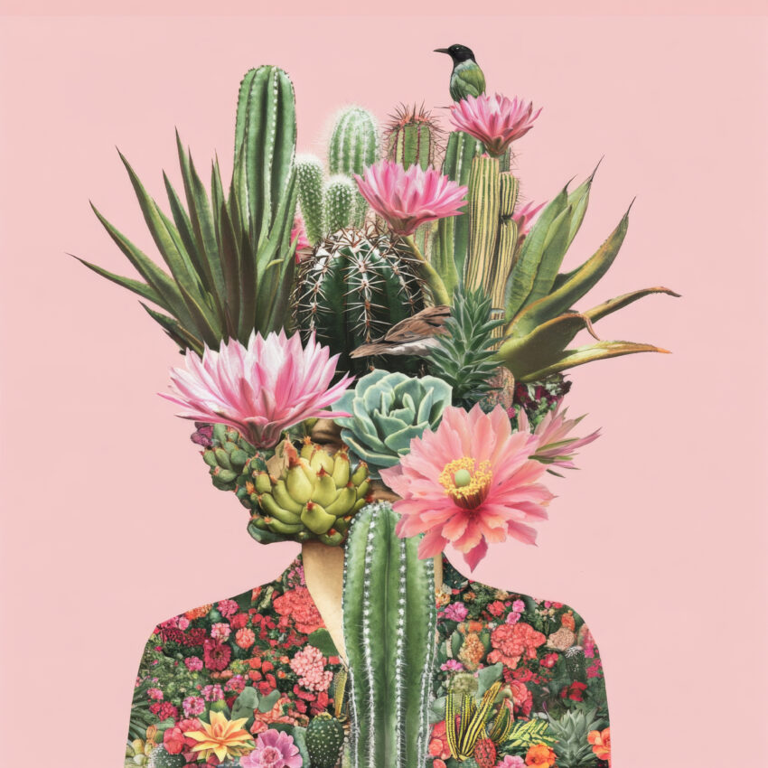 Illustration Poster Kaktus Kopf rosa grün Vögel Blüten