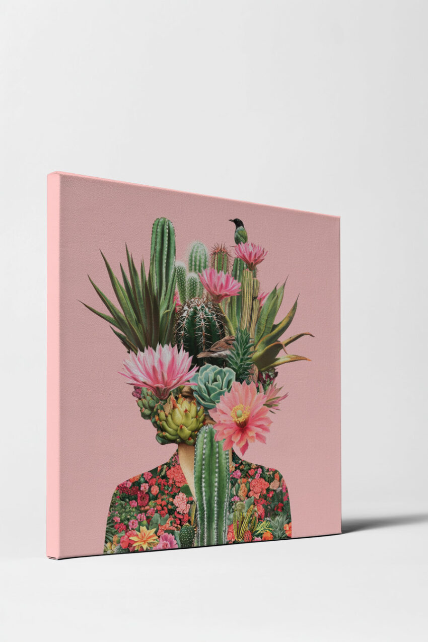 Illustration Poster Kaktus Kopf rosa grün Vögel Blüten