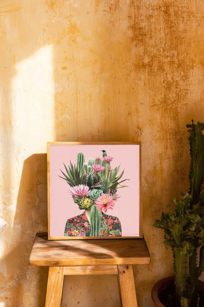 Illustration Poster Kaktus Kopf rosa grün Vögel Blüten