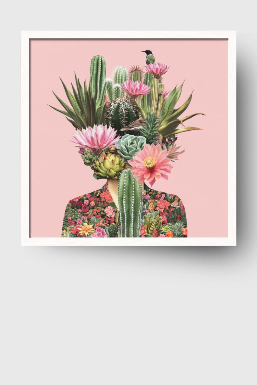 Illustration Poster Kaktus Kopf rosa grün Vögel Blüten