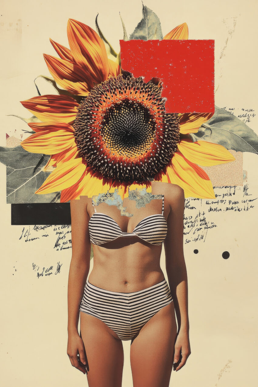 Collage Poster Sonnenblume Frau gestreift detailreich
