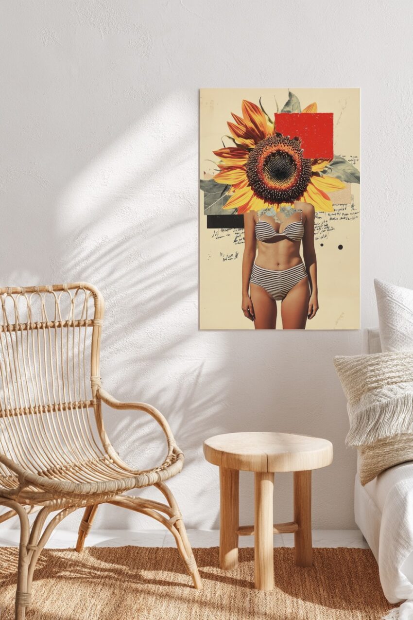 Collage Poster Sonnenblume Frau gestreift detailreich