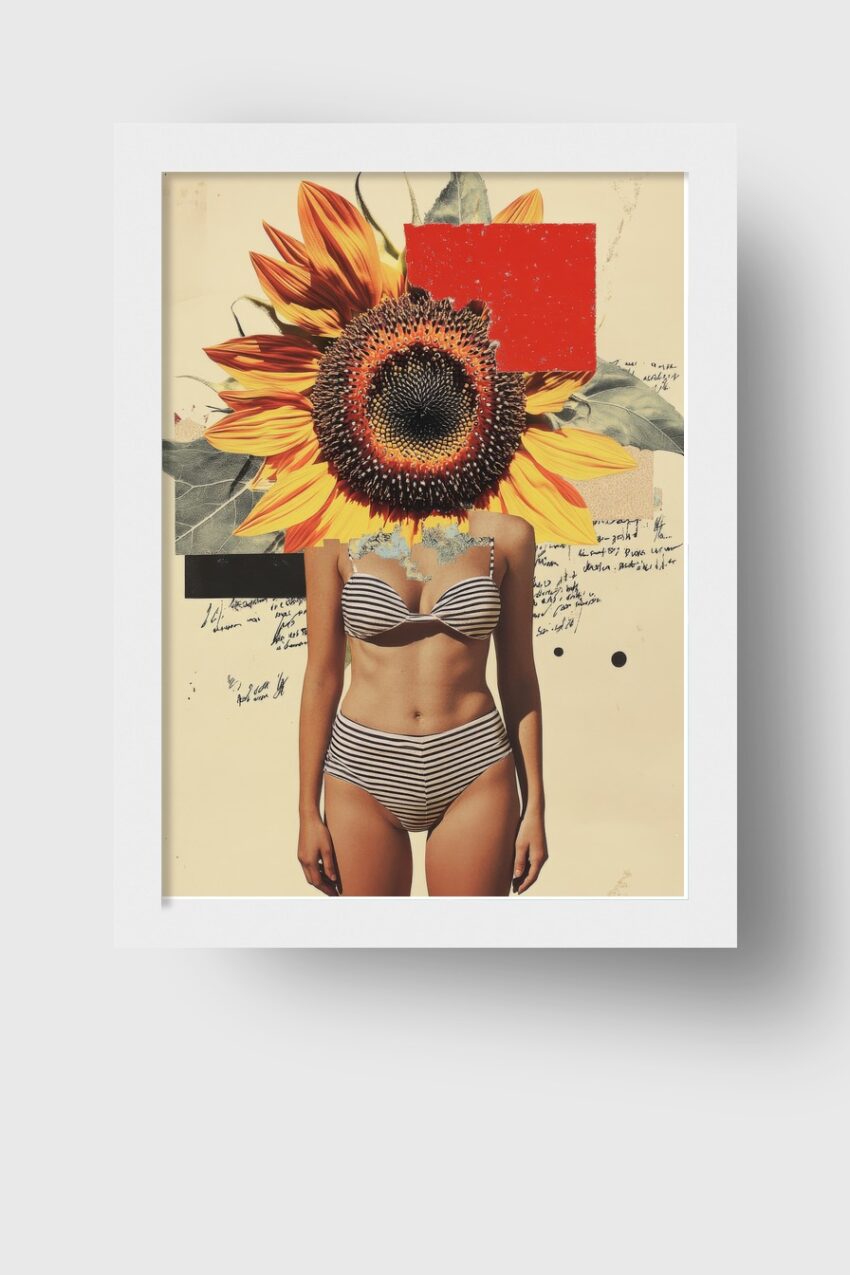 Collage Poster Sonnenblume Frau gestreift detailreich