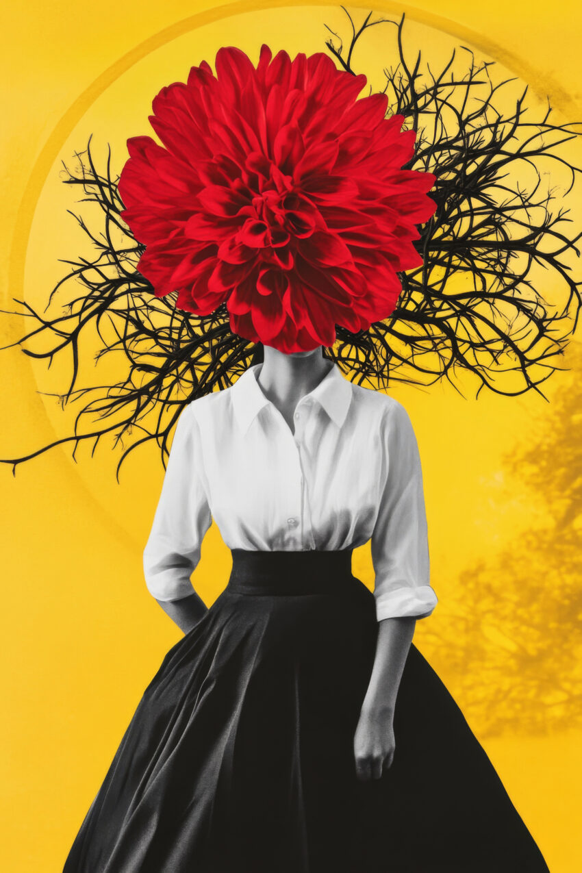 Digitale Kunst Poster Frau roter Blütenkopf schwarz-weiß gelb