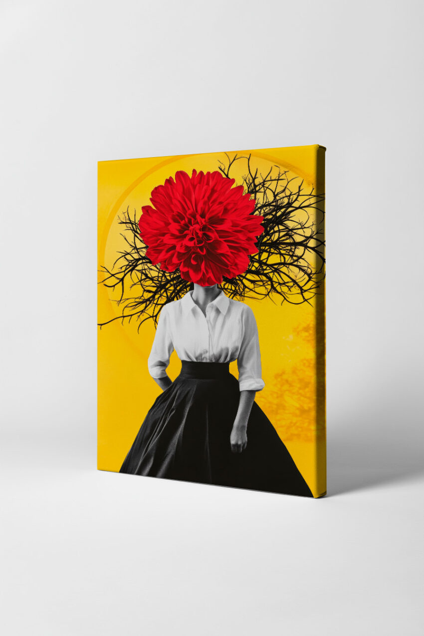 Digitale Kunst Poster Frau roter Blütenkopf schwarz-weiß gelb