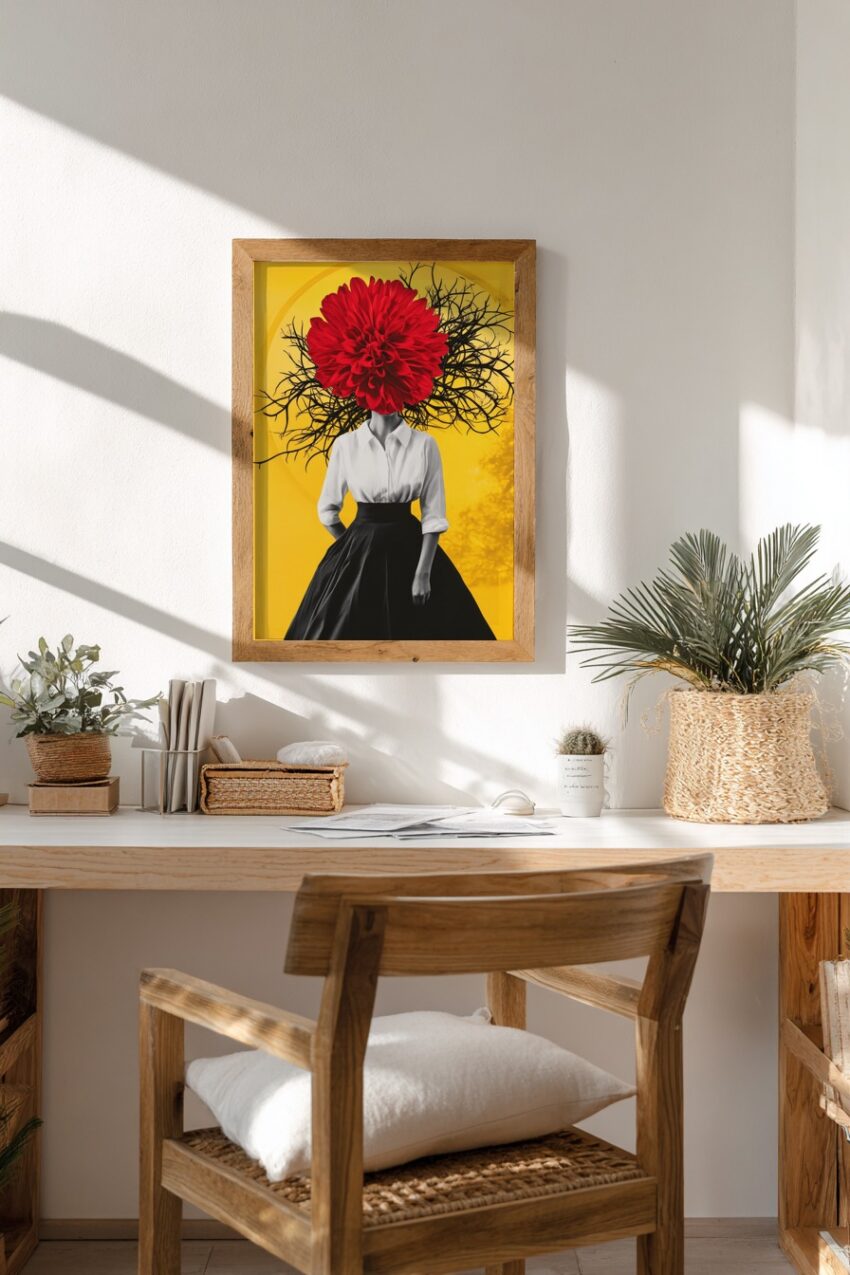 Digitale Kunst Poster Frau roter Blütenkopf schwarz-weiß gelb