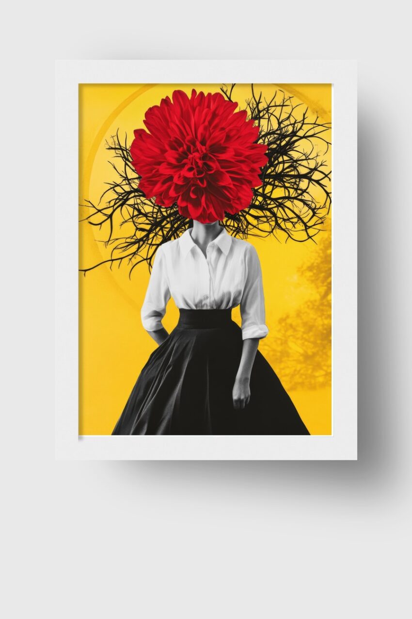 Digitale Kunst Poster Frau roter Blütenkopf schwarz-weiß gelb