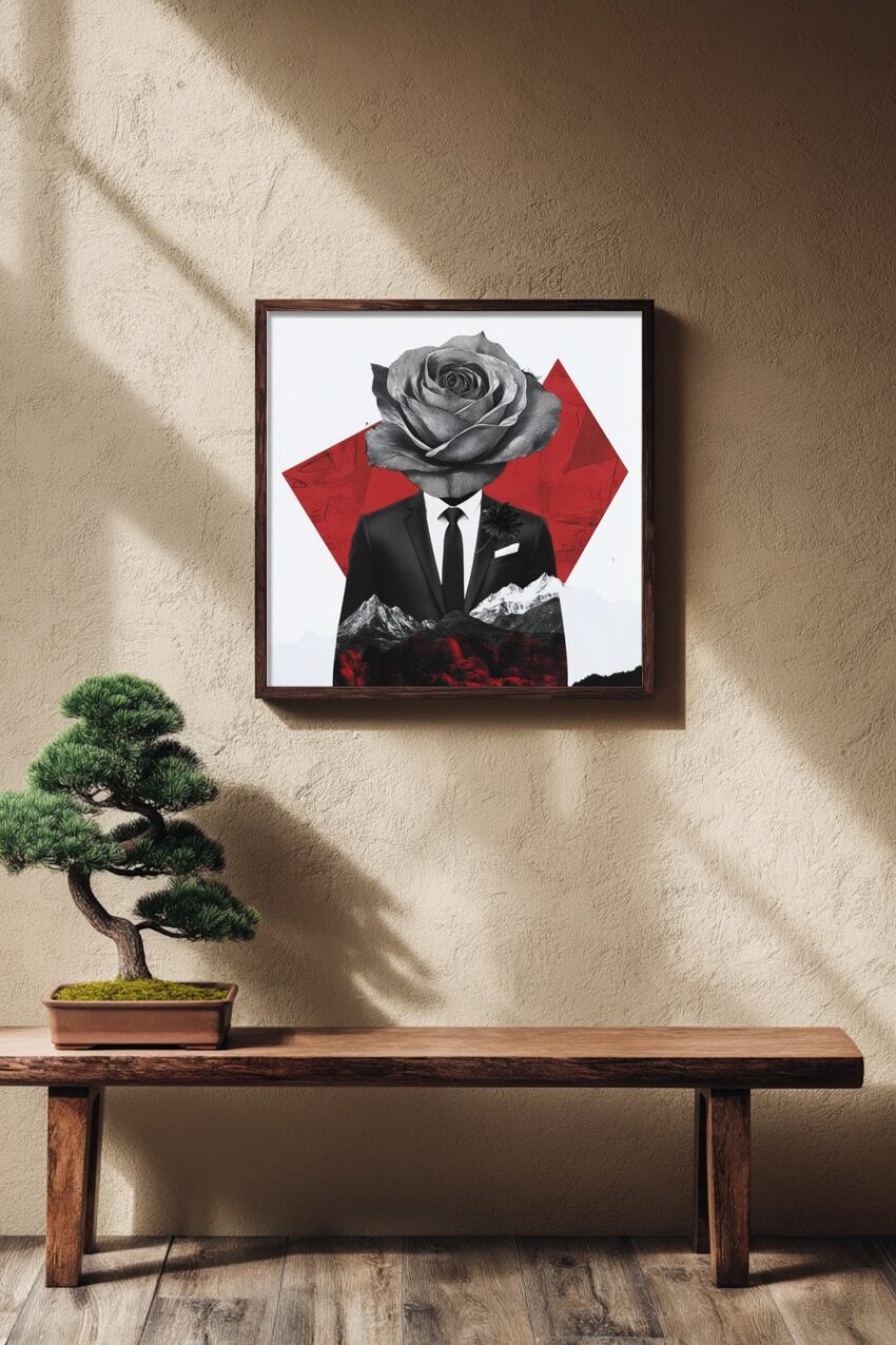 Grafik Poster Mann Rose Kopf schwarz-weiß rot geometrisch