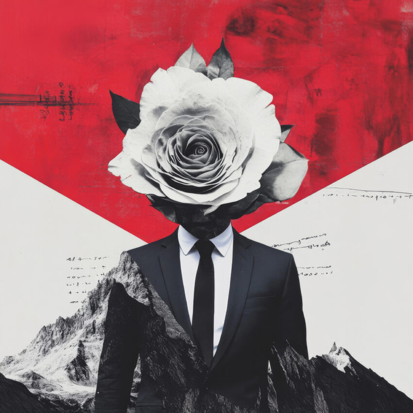 Digitale Kunst Poster Mann Rosenkopf schwarz-weiß rot