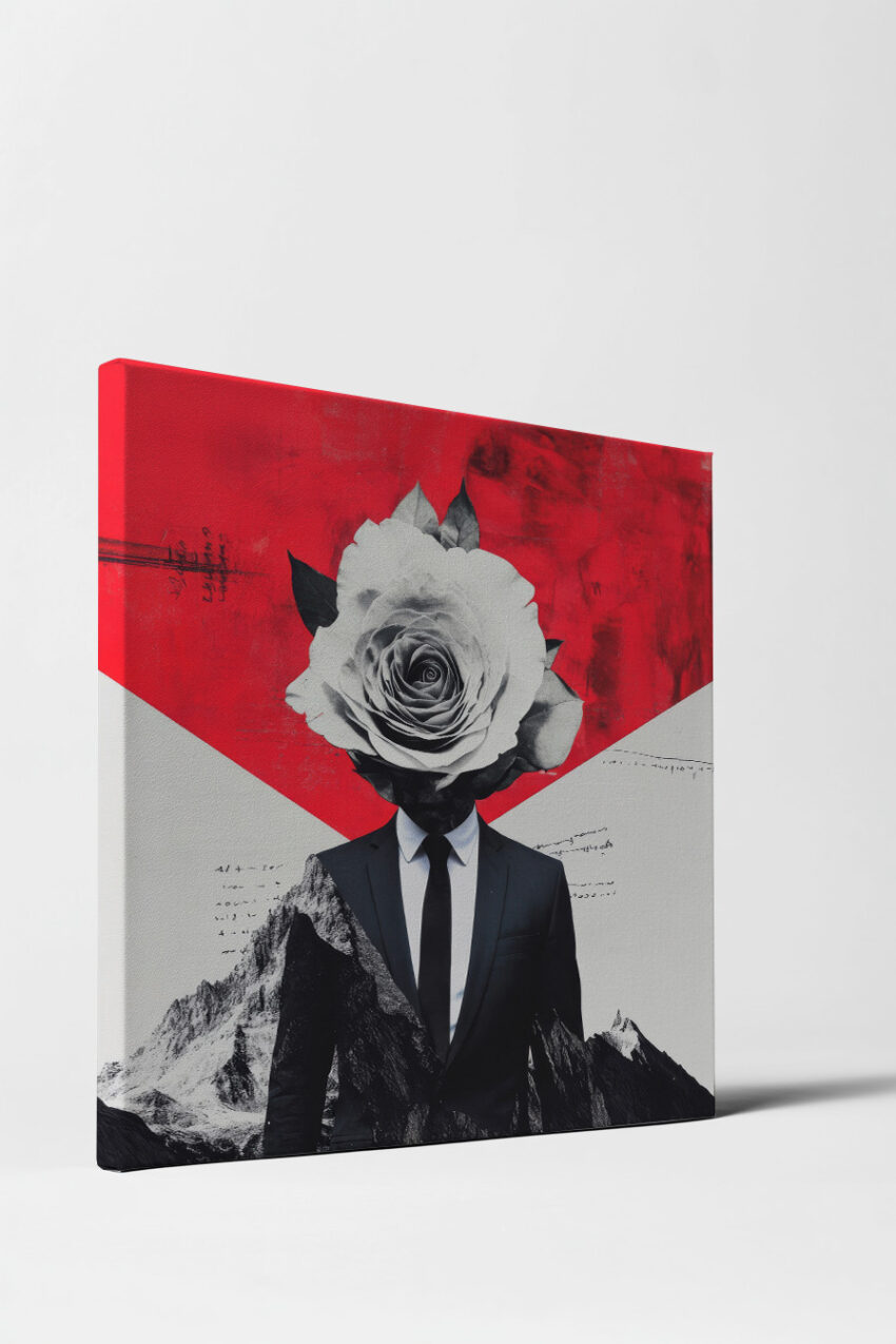 Digitale Kunst Poster Mann Rosenkopf schwarz-weiß rot
