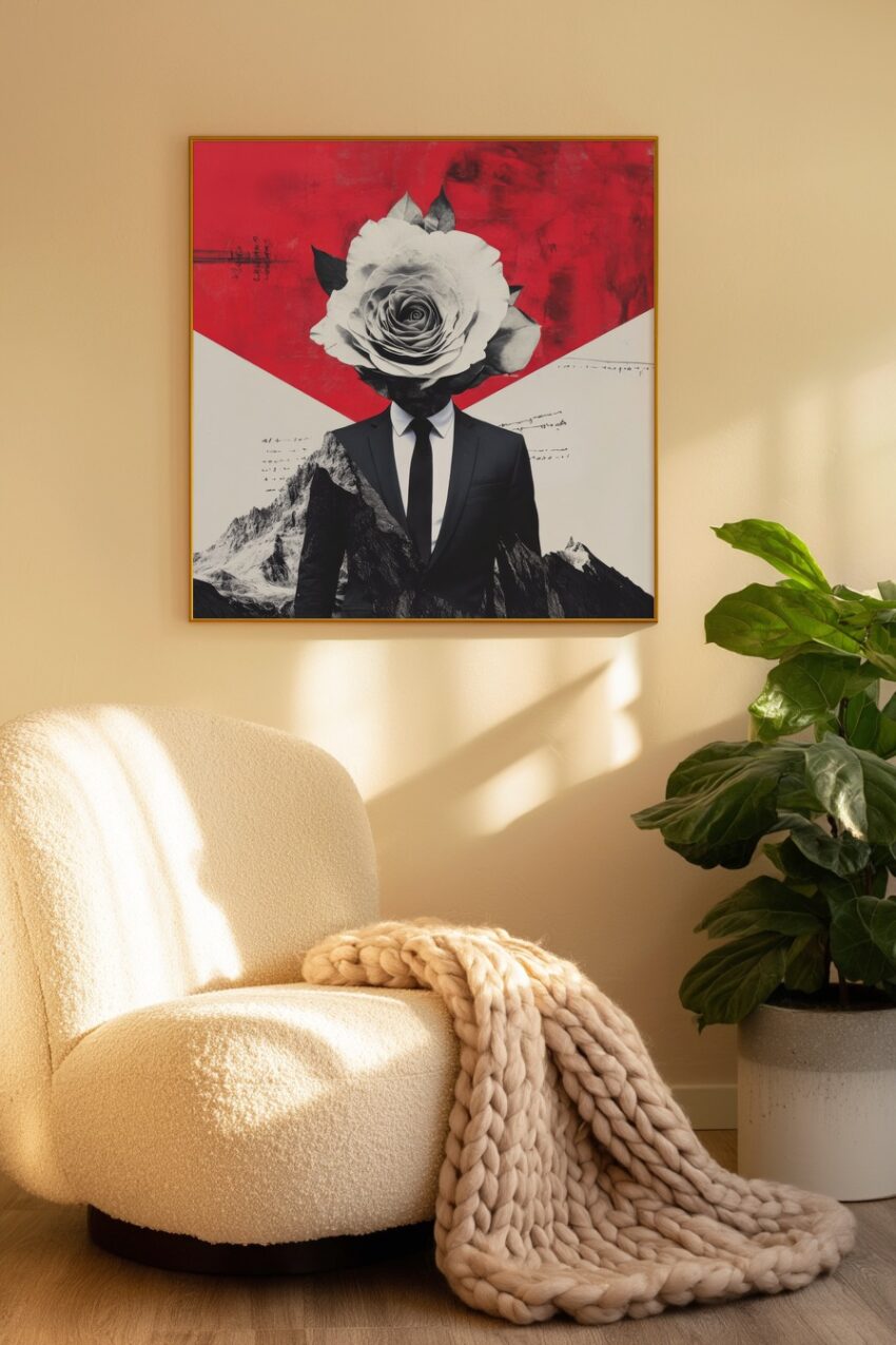 Digitale Kunst Poster Mann Rosenkopf schwarz-weiß rot