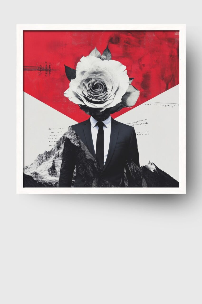 Digitale Kunst Poster Mann Rosenkopf schwarz-weiß rot