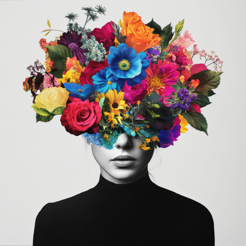 Digitale Kunst Poster Blumenfrau farbenfroh Schwarz-Weiß