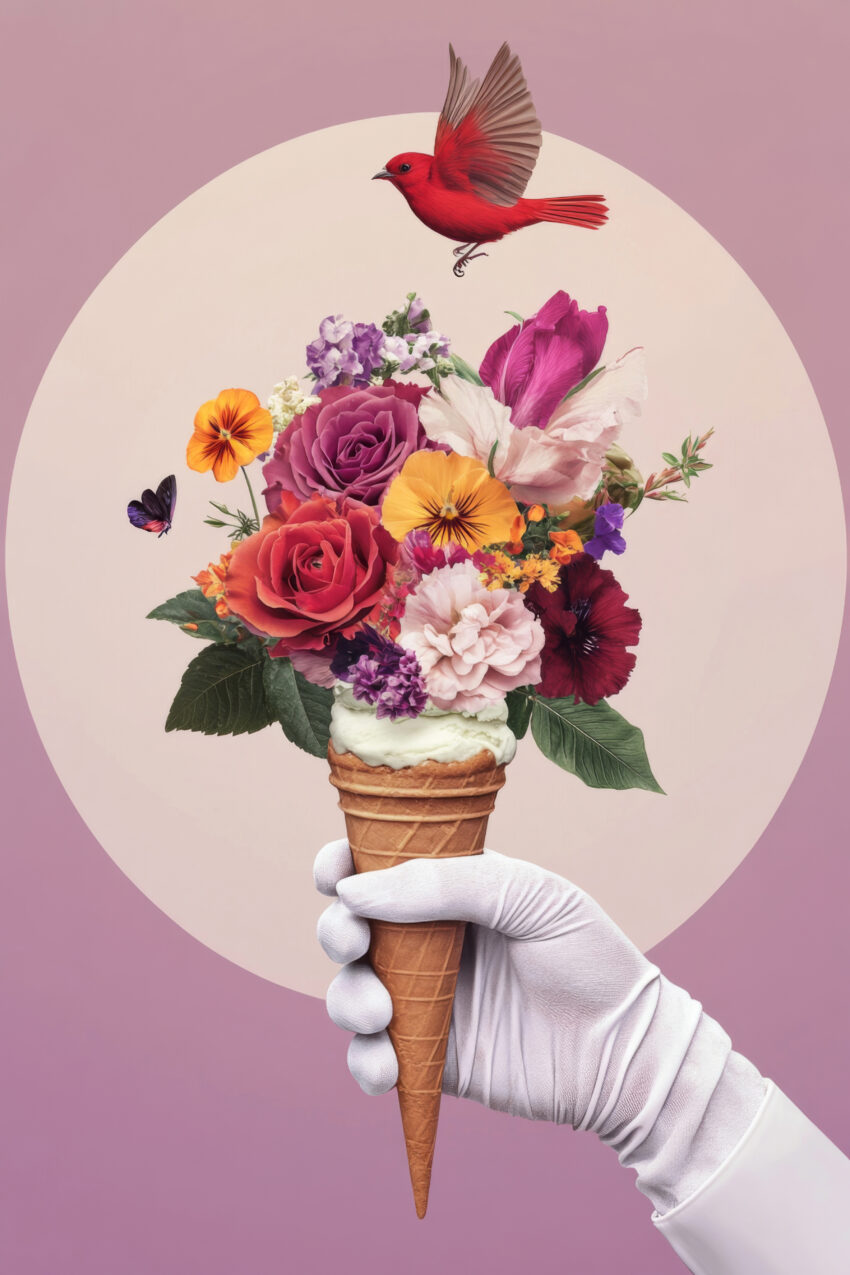 Fotografie Poster Blumenstrauß Eistüte bunt Hand weiß