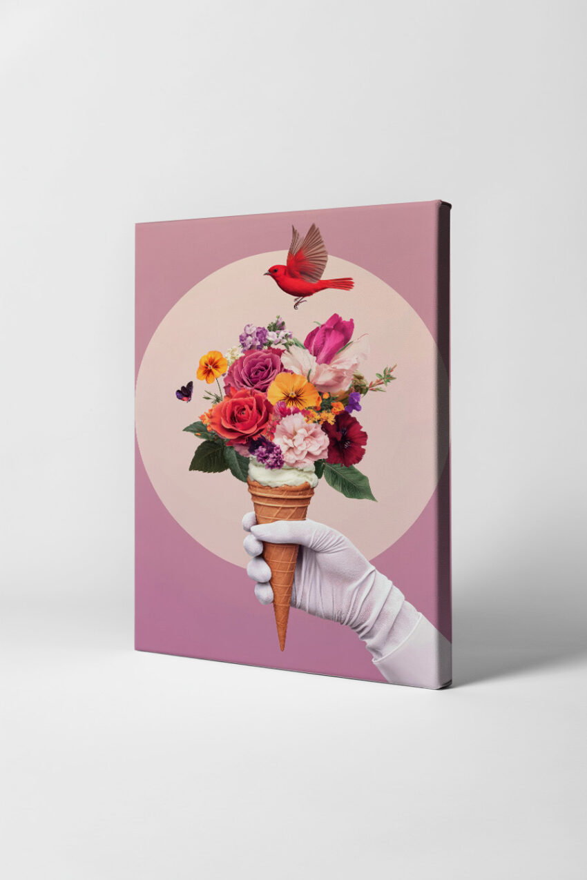 Fotografie Poster Blumenstrauß Eistüte bunt Hand weiß