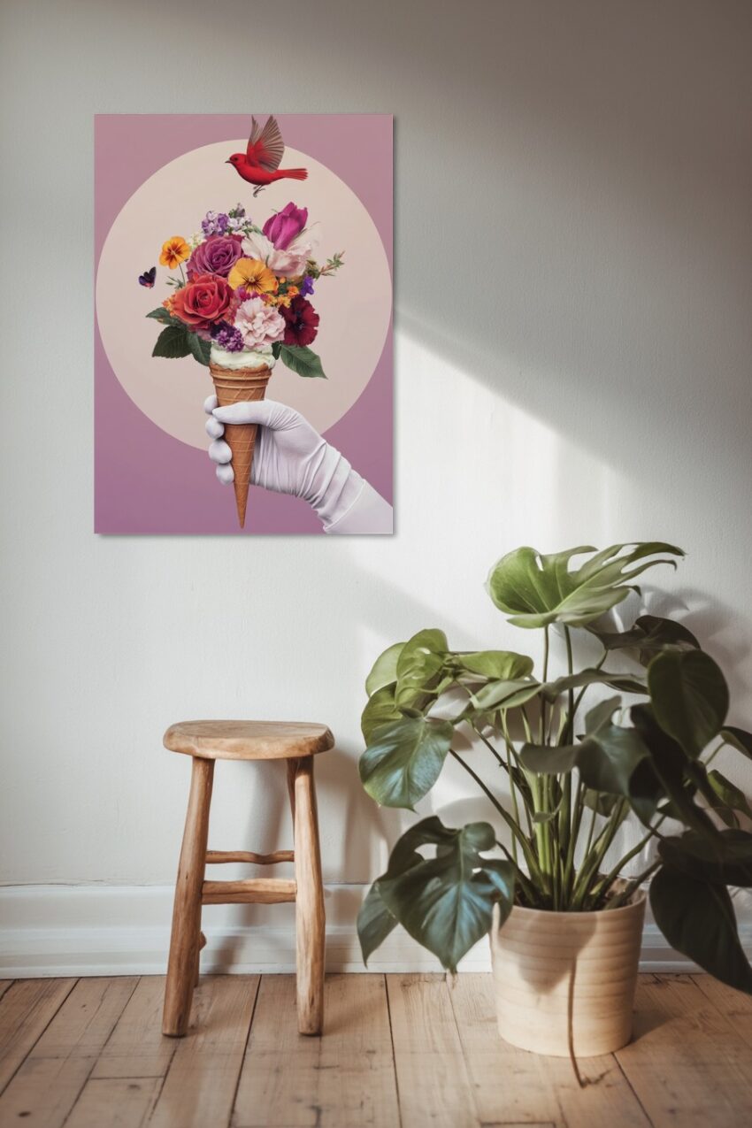 Fotografie Poster Blumenstrauß Eistüte bunt Hand weiß