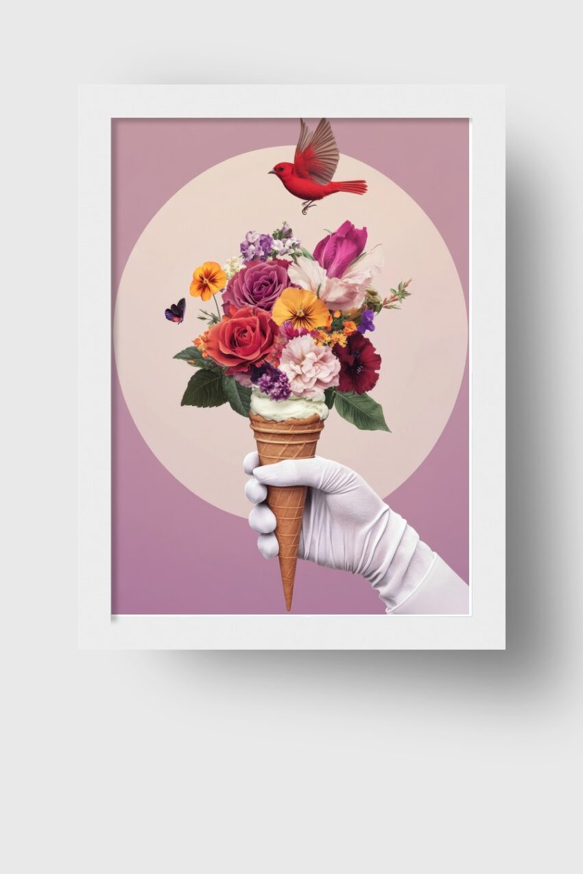 Fotografie Poster Blumenstrauß Eistüte bunt Hand weiß