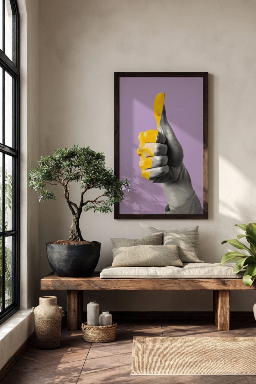 Fotografie Poster Hand Daumen hoch halb gelb halb schwarz-weiß