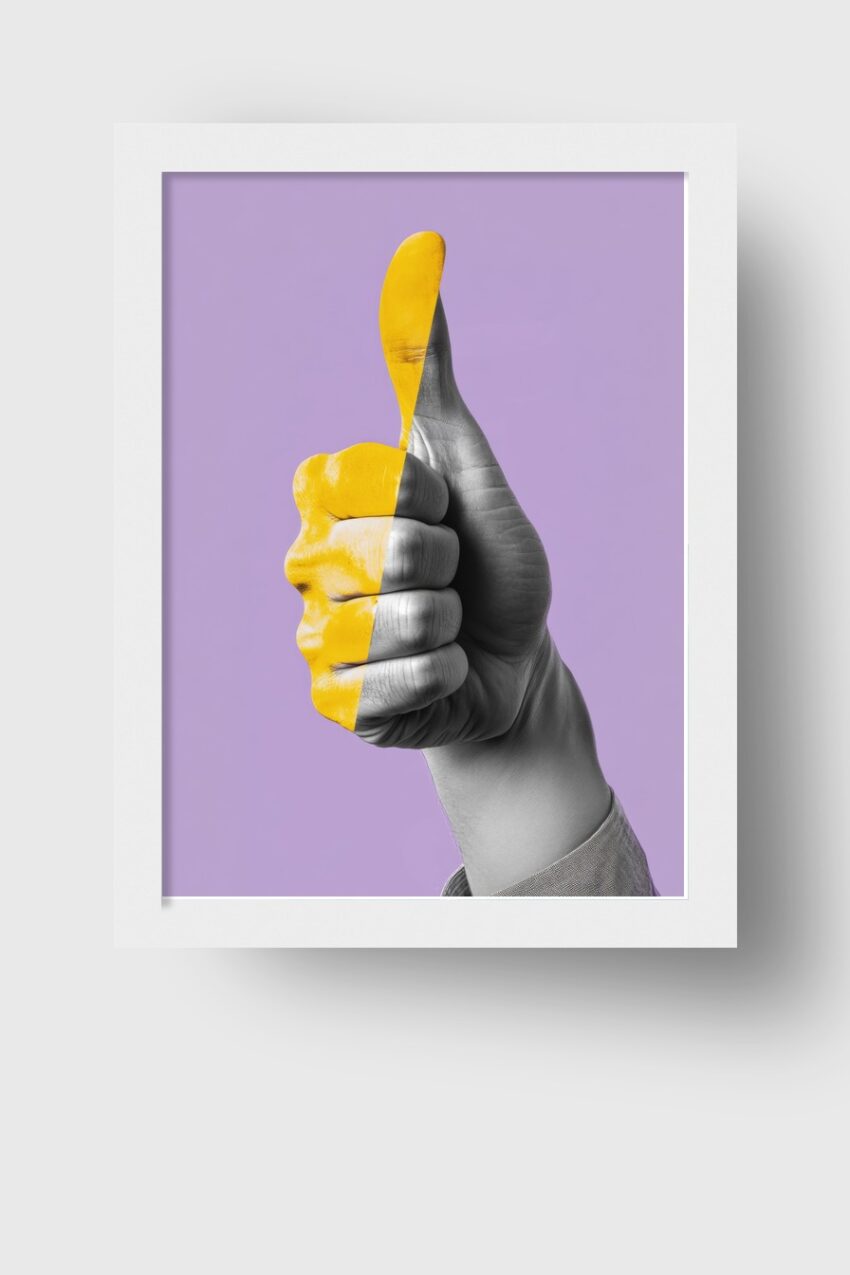 Fotografie Poster Hand Daumen hoch halb gelb halb schwarz-weiß