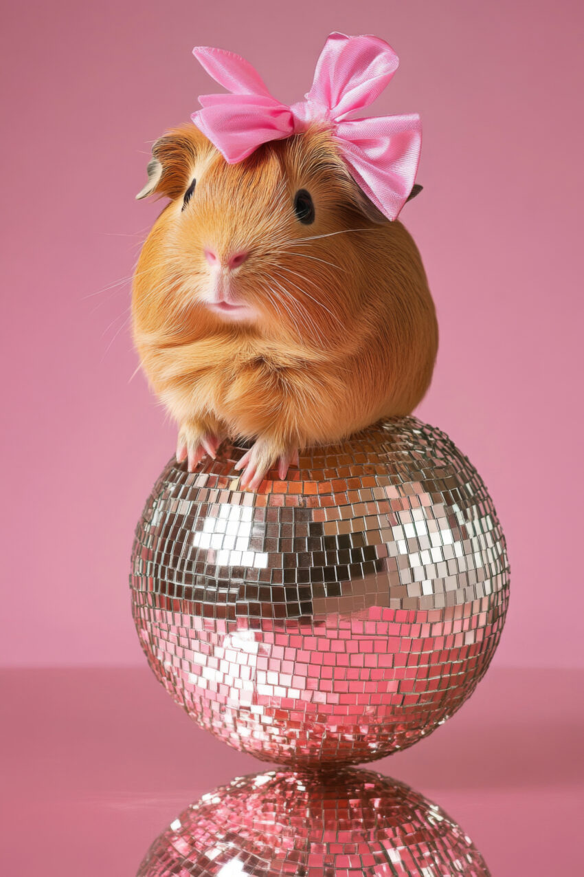 Fotografie Poster Meerschweinchen rosa Schleife Discokugel