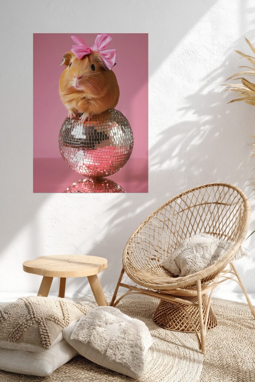 Fotografie Poster Meerschweinchen rosa Schleife Discokugel