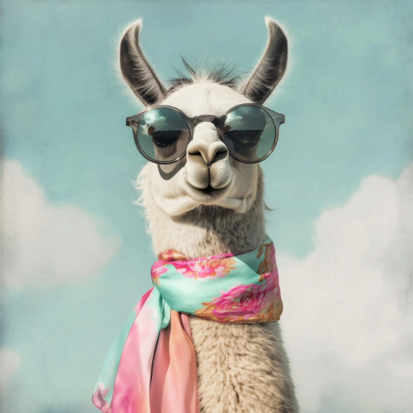 Fotografie Poster Lama Sonnenbrille weiß Tierportrait