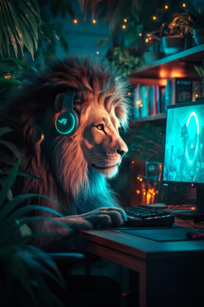 Löwe am PC Leinwandbild