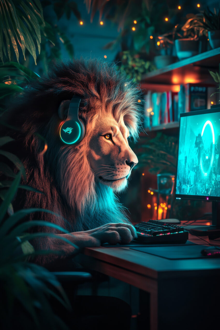 Digitale Kunst Poster Löwe PC konzentriert blau orange