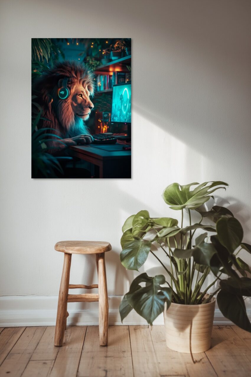 Digitale Kunst Poster Löwe PC konzentriert blau orange