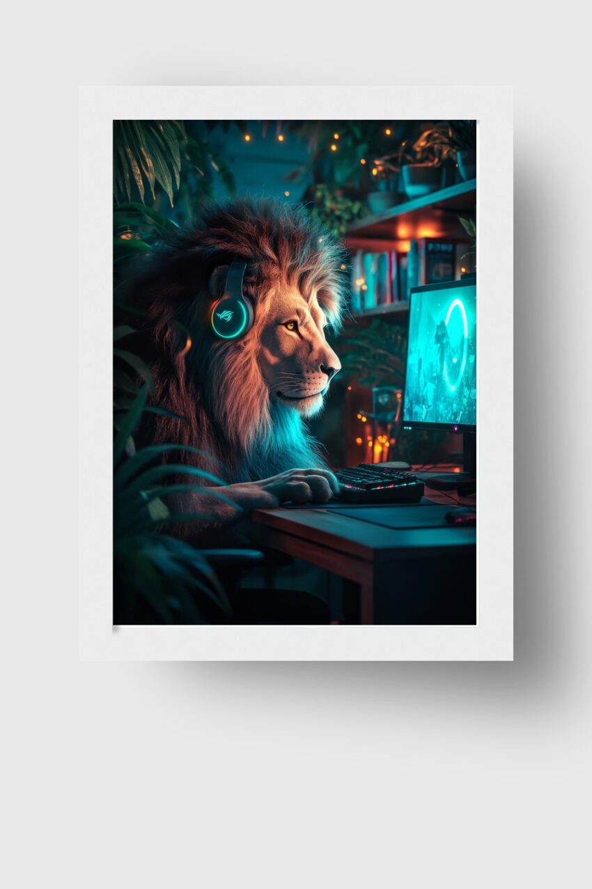 Digitale Kunst Poster Löwe PC konzentriert blau orange