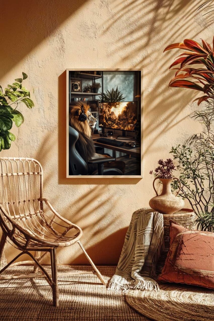 Fotografie Poster Löwe Kopfhörer seitlich braun