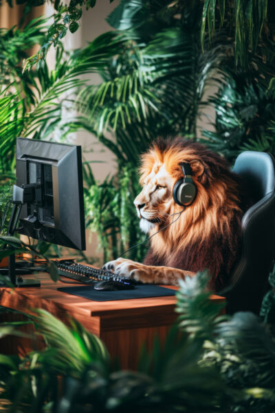 Löwe am Computer Poster