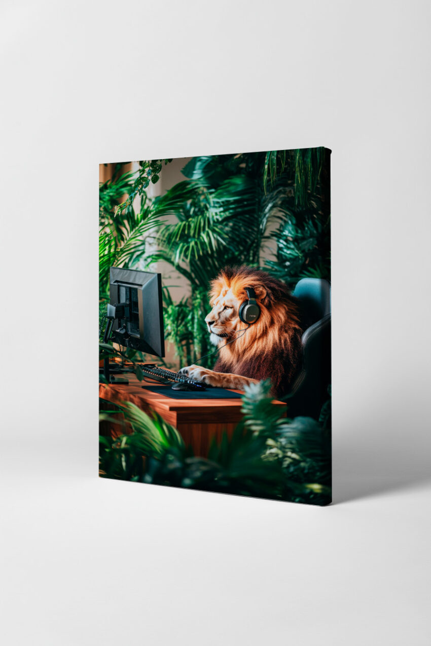 Fotografie Poster Löwe Kopfhörer konzentriert grün digital