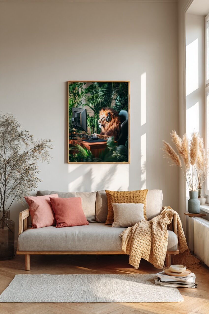 Fotografie Poster Löwe Kopfhörer konzentriert grün digital