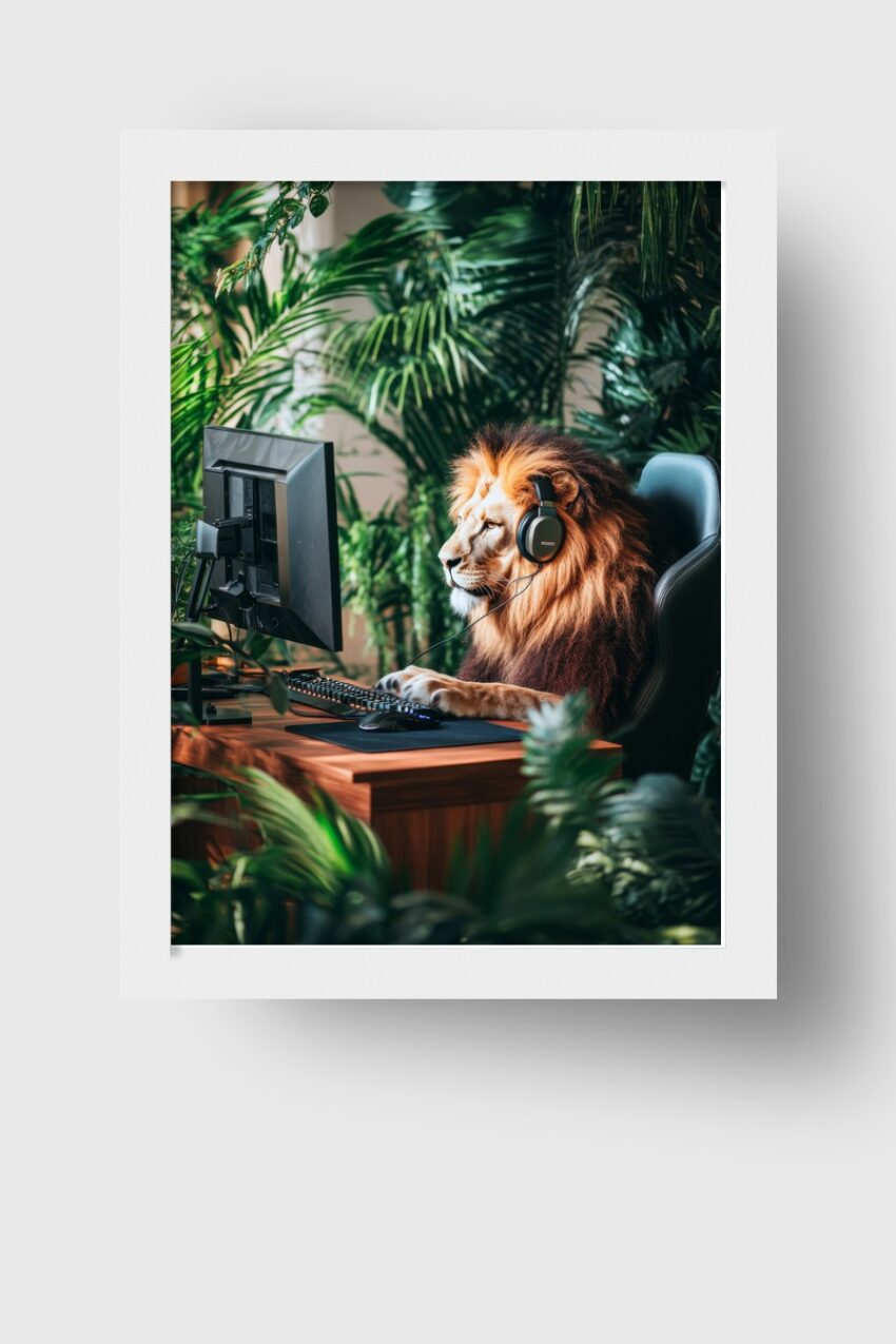 Fotografie Poster Löwe Kopfhörer konzentriert grün digital