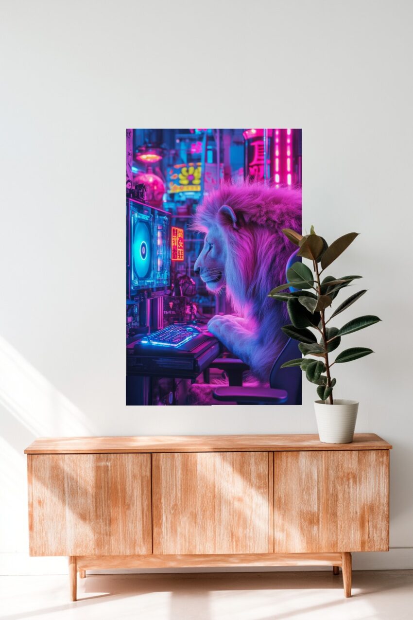 Digitale Kunst Poster Löwe urban neon pink blau