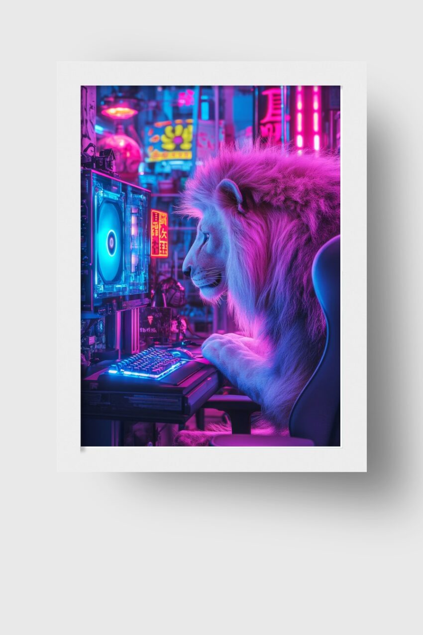 Digitale Kunst Poster Löwe urban neon pink blau