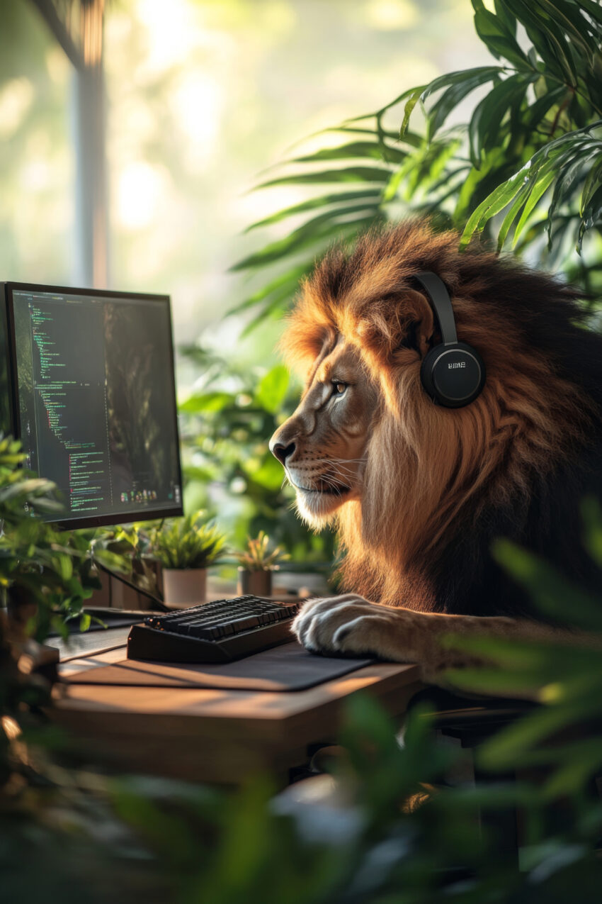 Fotografie Poster Löwe konzentriert Kopfhörer Computer