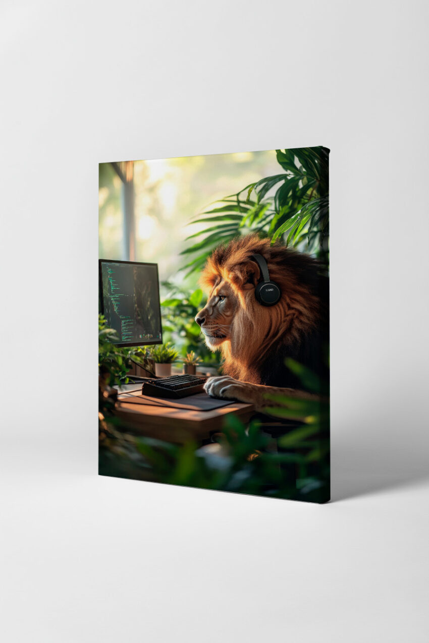 Fotografie Poster Löwe konzentriert Kopfhörer Computer