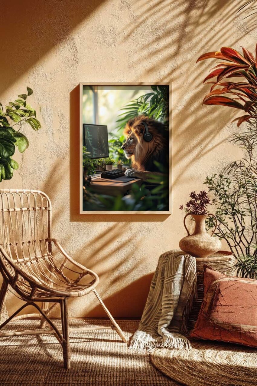 Fotografie Poster Löwe konzentriert Kopfhörer Computer