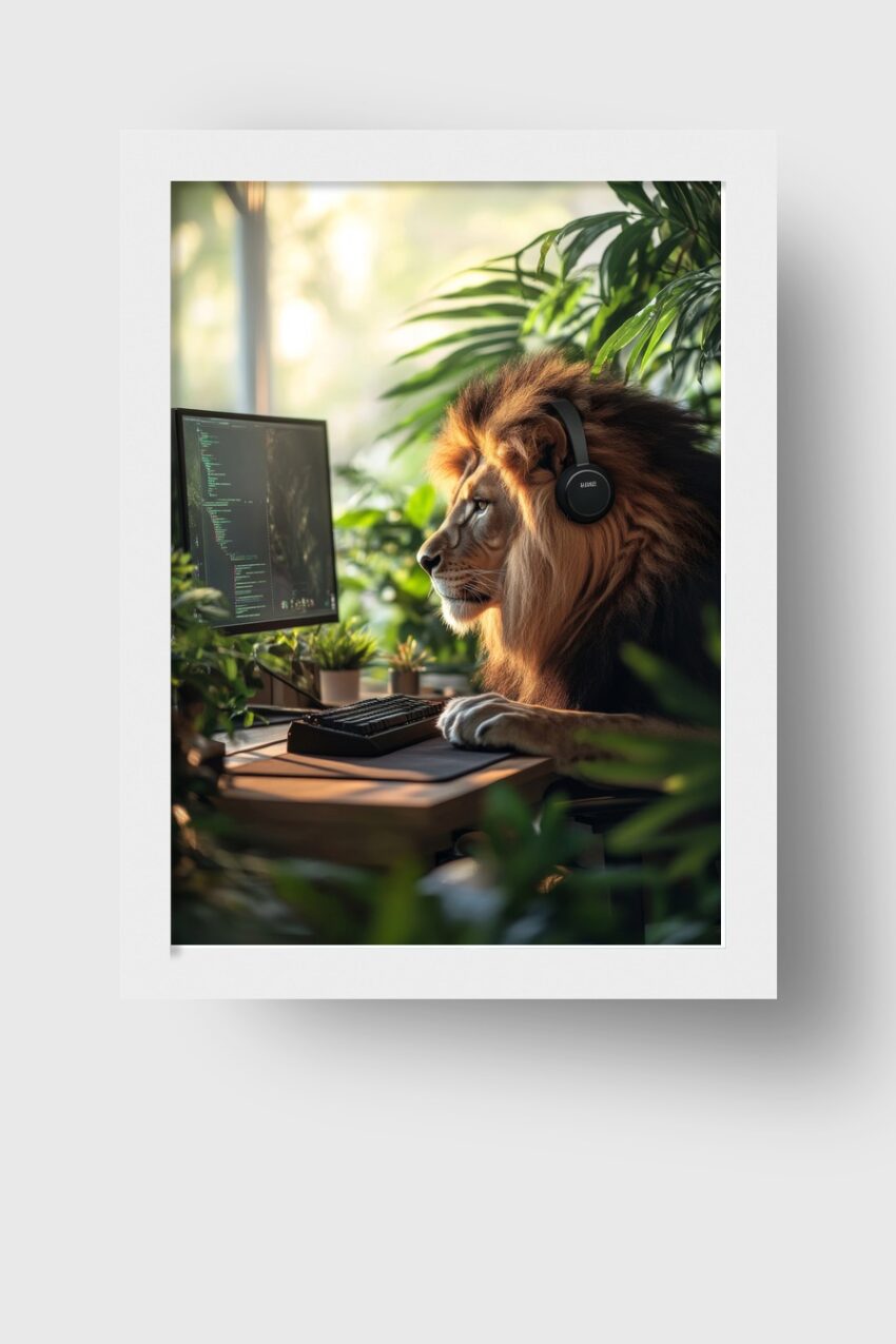 Fotografie Poster Löwe konzentriert Kopfhörer Computer