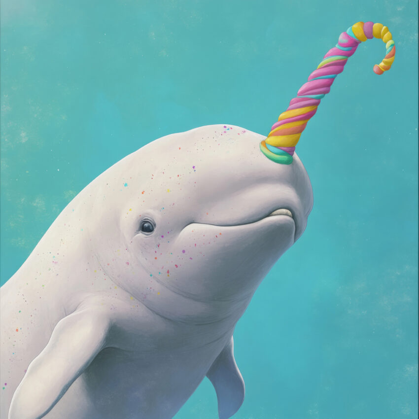 Digitale Kunst Poster Narwal bunt mit Zuckerstange türkis