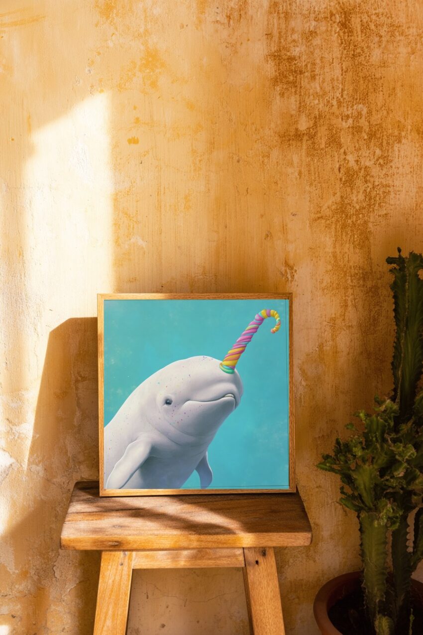 Digitale Kunst Poster Narwal bunt mit Zuckerstange türkis