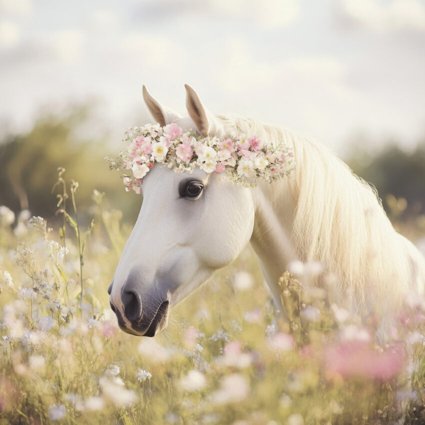 Fotografie Poster Pferd Blumenkranz weiß rosa