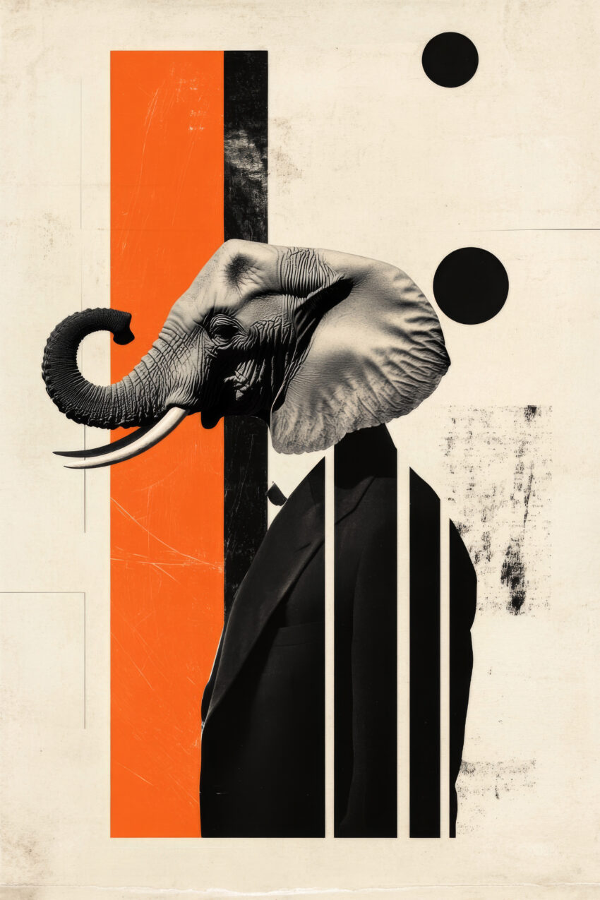Digitale Kunst Poster Elefant Anzug orange schwarz