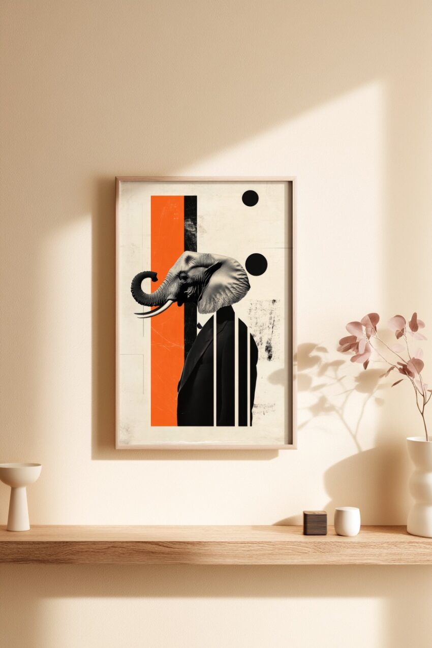 Digitale Kunst Poster Elefant Anzug orange schwarz