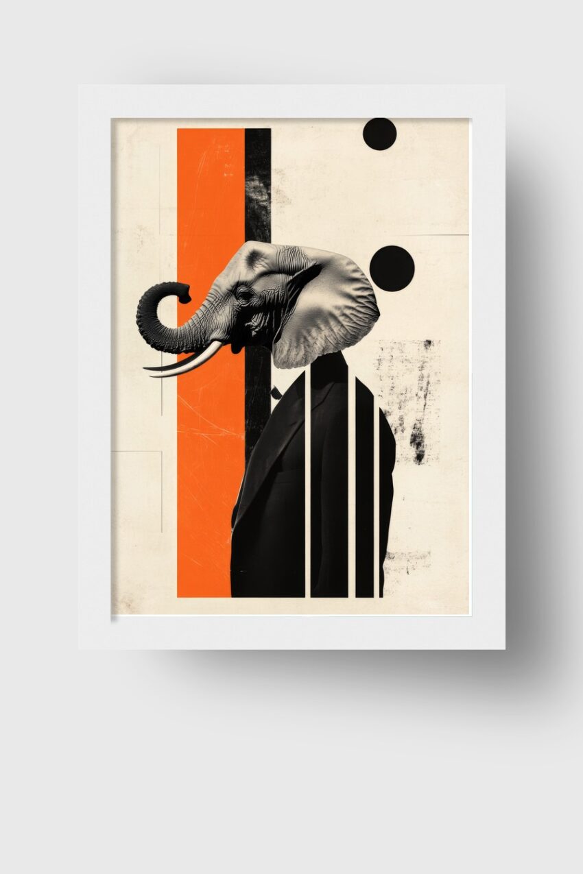 Digitale Kunst Poster Elefant Anzug orange schwarz