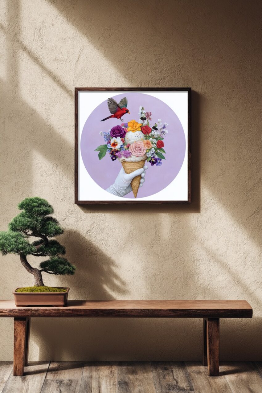 Illustration Poster Blumen Eiscreme bunt violett