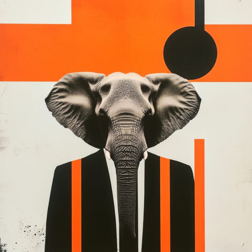 Grafik Poster Elefant Anzug schwarz orange minimalistisch