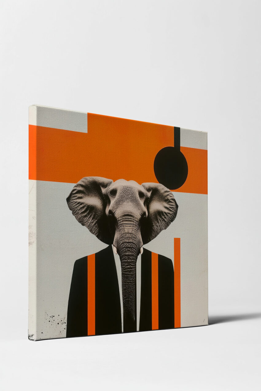 Grafik Poster Elefant Anzug schwarz orange minimalistisch